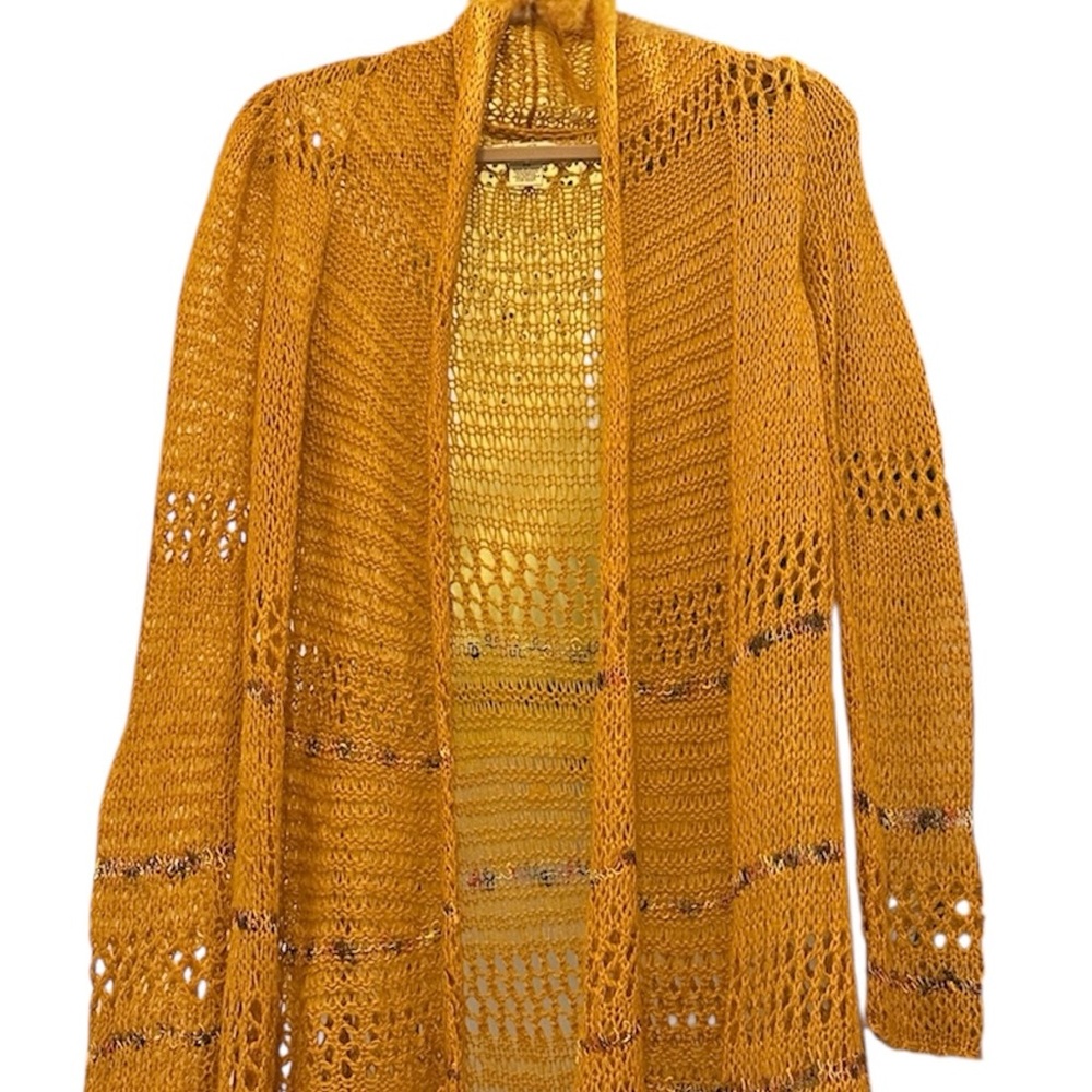 Lucky Brand Mustard Yellow Open Knit Duster Cardigan Shawl Collar XS